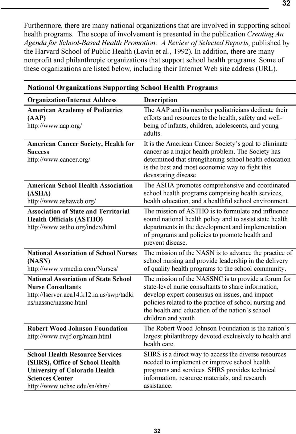 al., 1992). In addition, there are many nonprofit and philanthropic organizations that support school health programs.