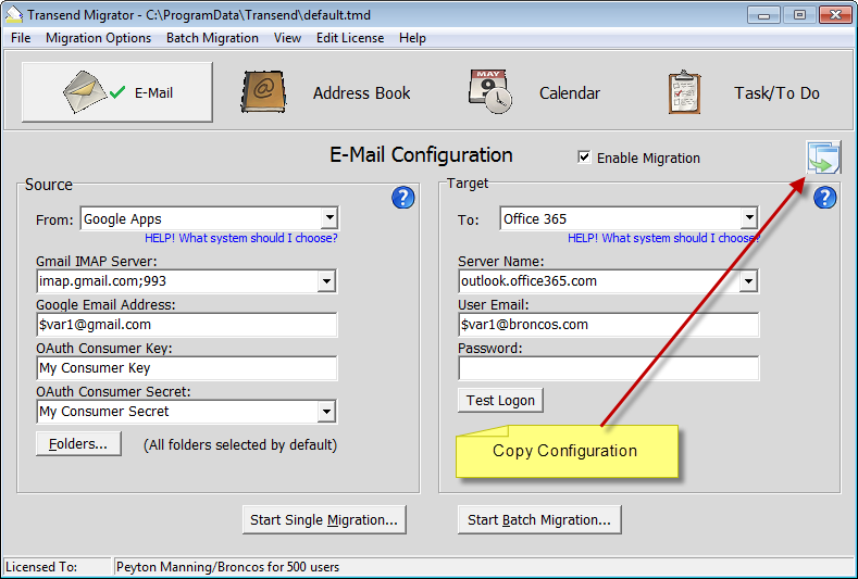 Copy Configuration If your migration will include Address Books, Calendars, or Task/To Do items, and those data types will use the same account information as Email, select the Copy Configuration