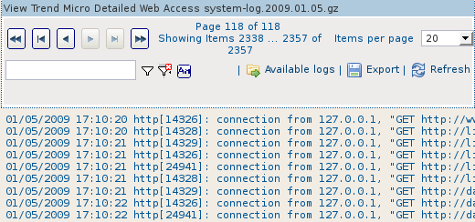 Web 7.4 Access Logs Trend Micro Detailed Web Access Log To access the Trend Micro Detailed Web Access log: 1.