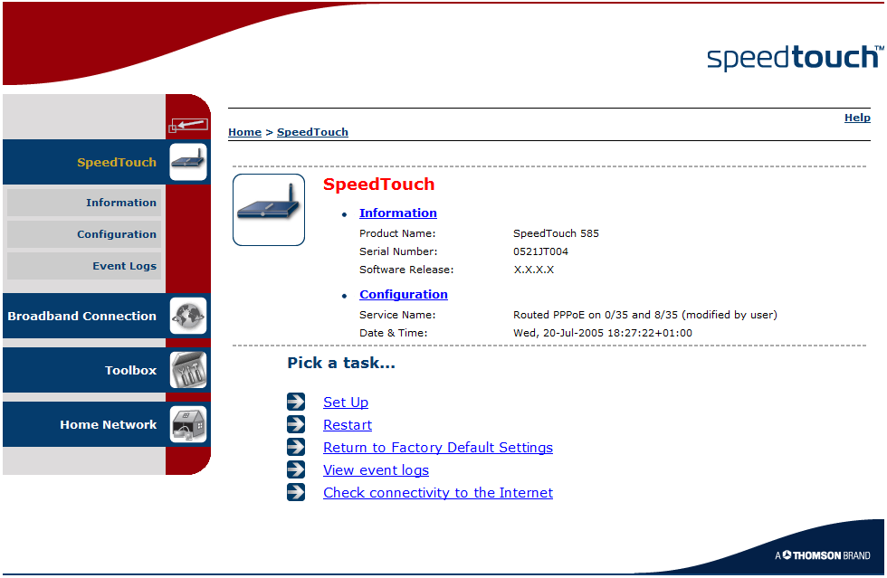4.3 SpeedTouch The SpeedTouch menu The SpeedTouch menu consists of the following items: Information Configuration Event Logs