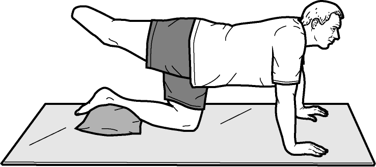 Page 3 Knee to Chest 1. Kneel on a mat or pad to cushion your knees. Place a pillow under your foot and lower leg. 2. Get up on your hands and knees.