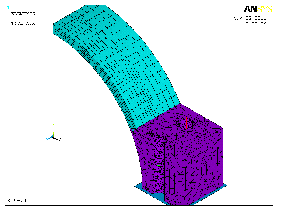 Figure 5 - Finite Element Mesh Once the meshing was completed, I used a macro to define the bolting constraints using real constant sets (see table 1), the key steps being:- create lines representing