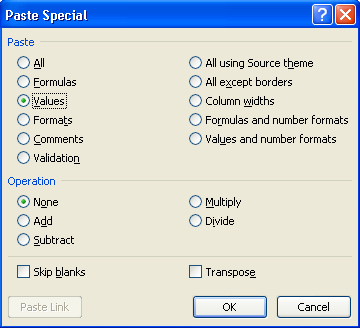 Special Paste as Values There may be reasons to erase the function and leave only the results in the cell as a value.
