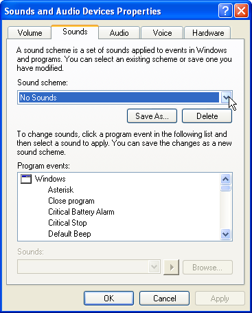 Windows XP Optimizations The Sounds and Audio Devices Properties dialog - setting the No Sound scheme Disable Error Reporting Eliminate those pesky pop-up warnings by disabling this error reporting