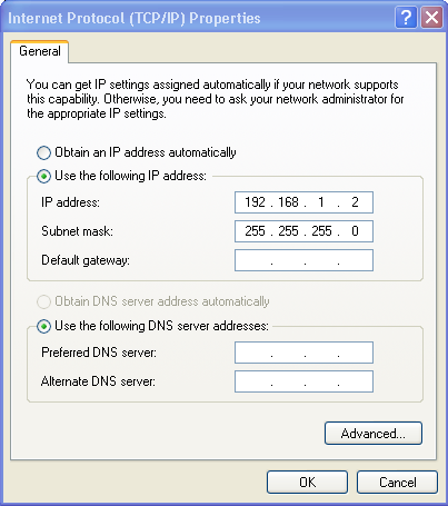 Figure 1: Local Area Connection Properties Window 6. Select Use the following IP address, and fill in the details as shown in Figure 2. You can use any IP address in the range 192.168.1.1 to 192.