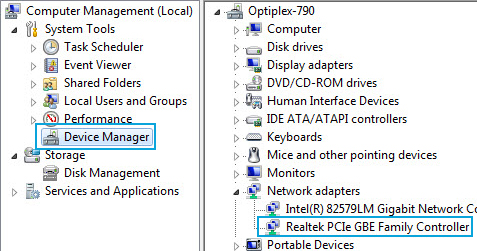 3. Under the Network Adapters category should be a Realtek PCIe GBE Family Controller device. Right-click on the device and select Properties to make sure it is installed and working correctly.