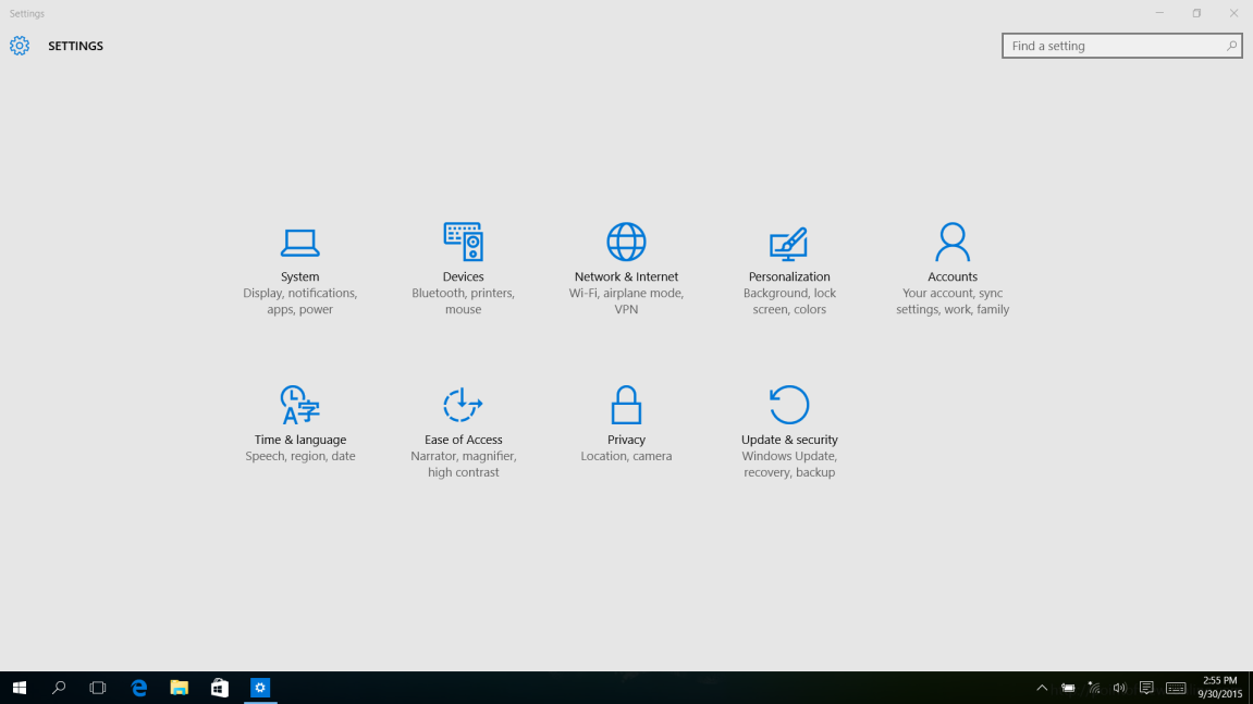 Windows 10 settings screen (Control panel) This is our
