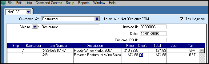 The Tax code is GST. Let s say the restaurant sold 7 bottles of Merlot. It does not matter how they sold them, or for what price.