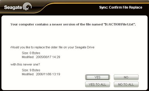 Figure 10: Add File Before replacing an existing file in a synchronized folder with a new version, FreeAgent Tools displays this window: Figure 11: Replace File YES or NO refers to adding or