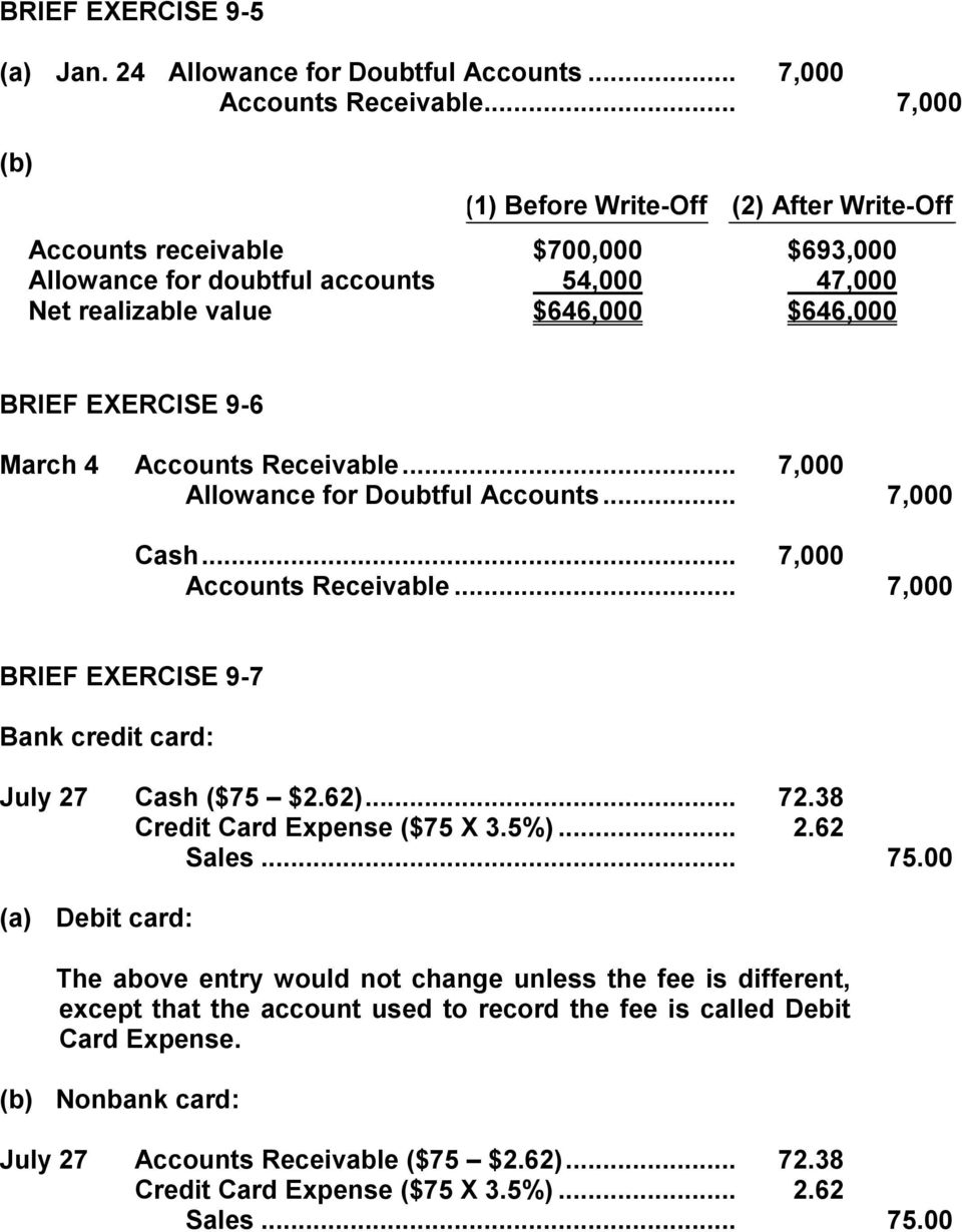 9-6 March 4 Accounts Receivable... 7,000 Allowance for Doubtful Accounts... 7,000 Cash... 7,000 Accounts Receivable... 7,000 BRIEF EXERCISE 9-7 Bank credit card: July 27 Cash ($75 $2.62)... 72.