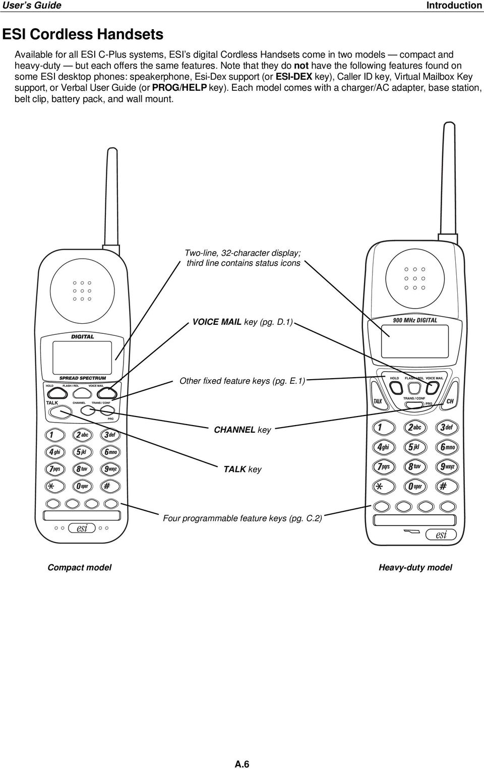 Note that they do not have the following features found on some ESI desktop phones: speakerphone, Esi-Dex support (or ESI-DEX key), Caller ID key, Virtual Mailbox Key support, or