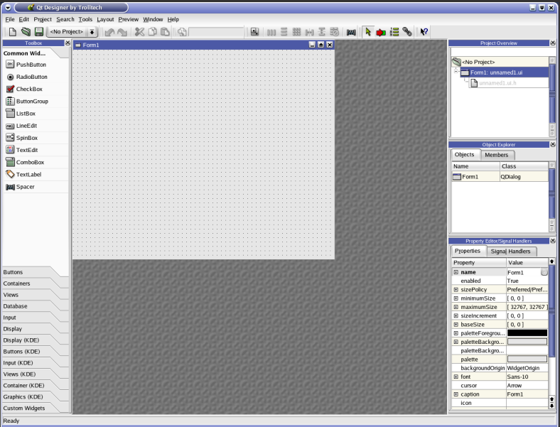 Figure 1: QT designer application After creating a new canvas you will have various options to create the interface. The line edit tool creates an edit box which is useful for taking user input.