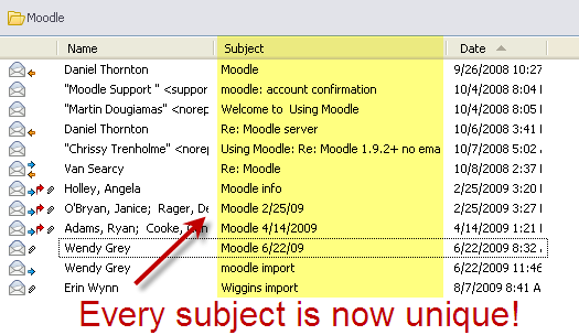 Part B: Renaming Duplicate Subjects Notice below that there are 4 items with the subject Moodle.