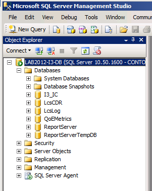 Launch SQL Server Management Studio. Notice the Lync reporting databases (LcsCDR, LcsLog, QoEMetrics) have been created. 4 Create Lync Report User and Report User Group 4.