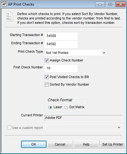 To print checks: 1 In Accounts Payable, select Payment Tasks > Print Checks from the left navigation pane.