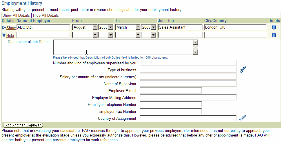 3.2.1 Employment History Please enter information regarding your current and previous employment.
