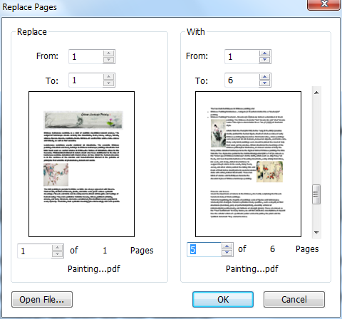 Replace Pages You can replace an entire PDF page with another PDF page. The text, images and comments on the original page will be replaced. To quickly update a PDF, you can replace individual pages.