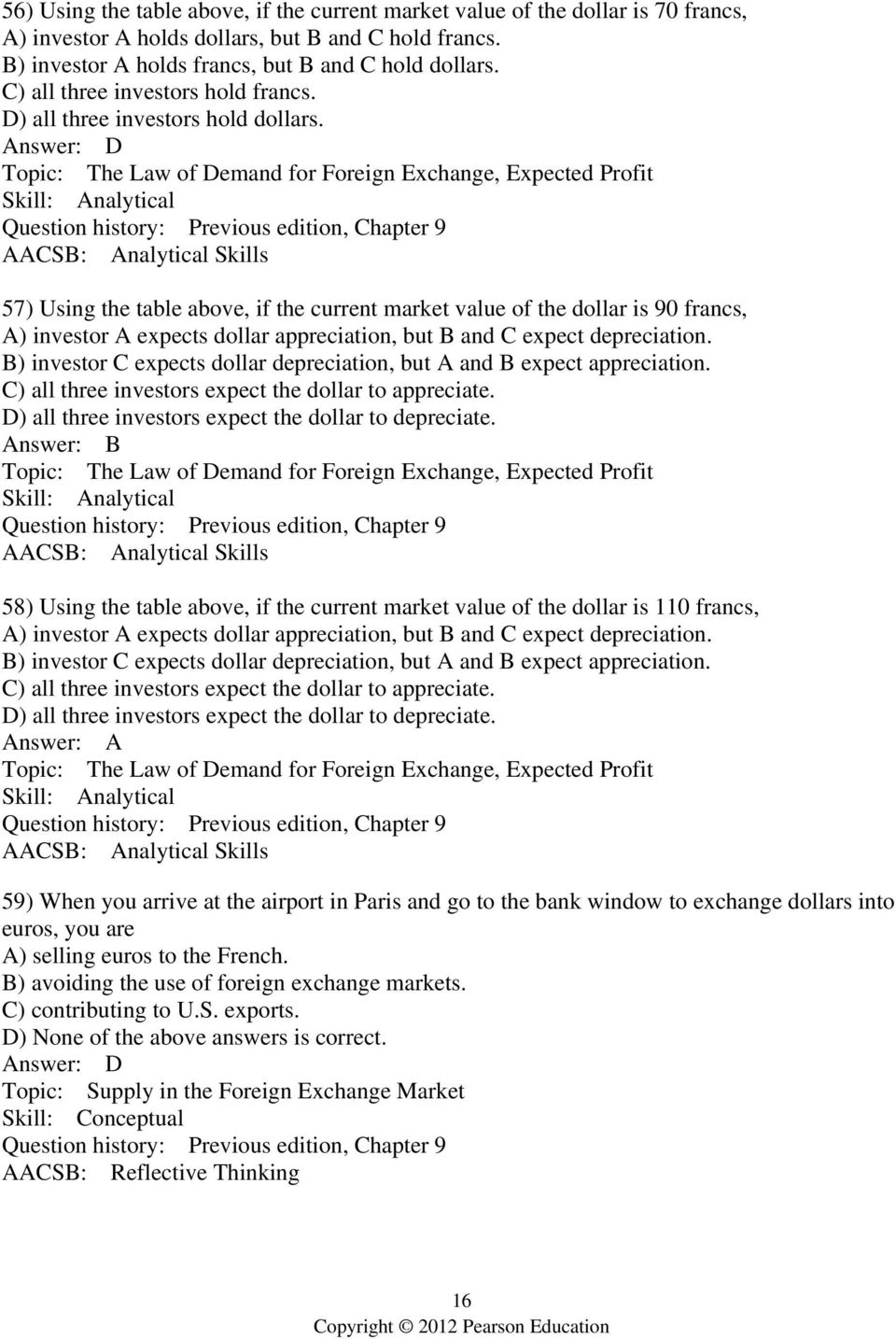 Answer: D Topic: The Law of Demand for Foreign Exchange, Expected Profit 57) Using the table above, if the current market value of the dollar is 90 francs, A) investor A expects dollar appreciation,