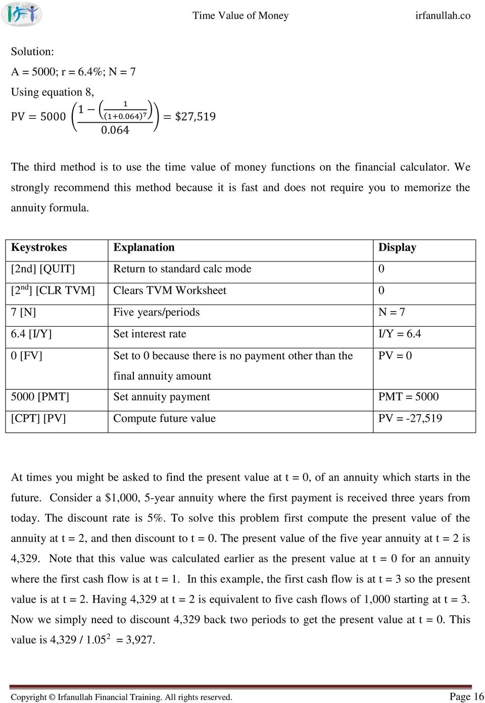 Keystrokes Explanation Display [2nd] [QUIT] Return to standard calc mode 0 [2 nd ] [CLR TVM] Clears TVM Worksheet 0 7 [N] Five years/periods N = 7 6.4 [I/Y] Set interest rate I/Y = 6.