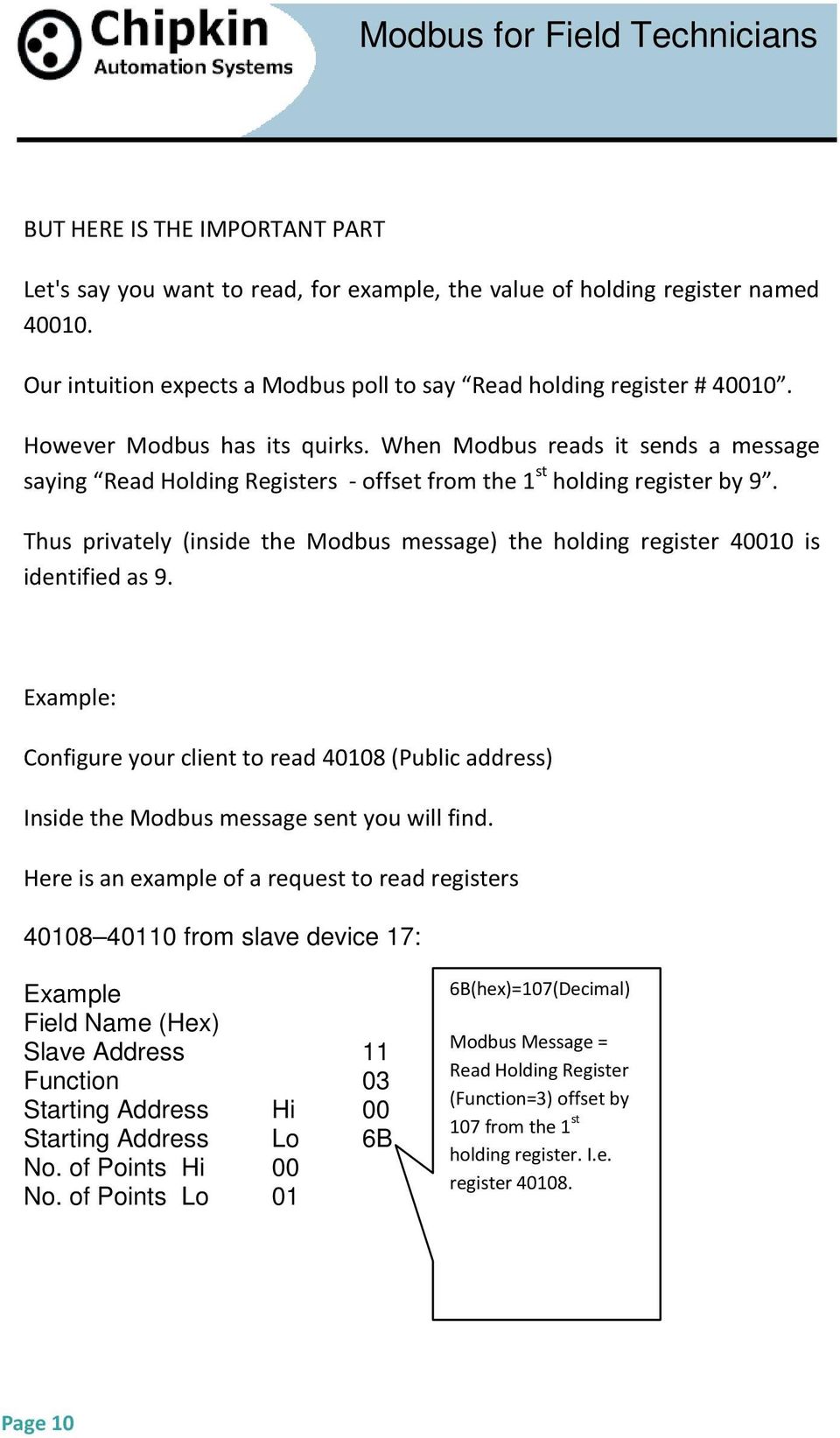 Thus privately (inside the Modbus message) the holding register 40010 is identified as 9. Example: Configure your client to read 40108 (Public address) Inside the Modbus message sent you will find.