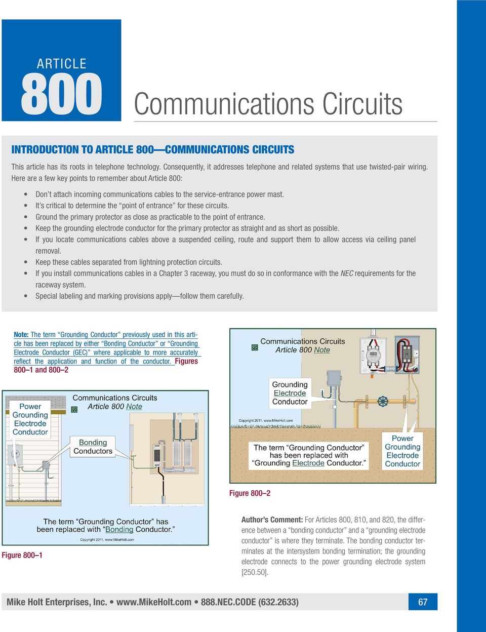 Here are a few key points to remember about Article 800: Don t attach incoming communications cables to the service-entrance power mast.
