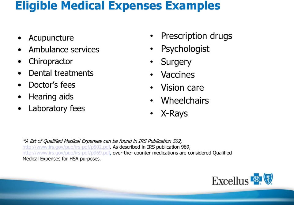 Expenses can be found in IRS Publication 502, http://www.irs.gov/pub/irs-pdf/p502.pdf. As described in IRS publication 969, http://www.
