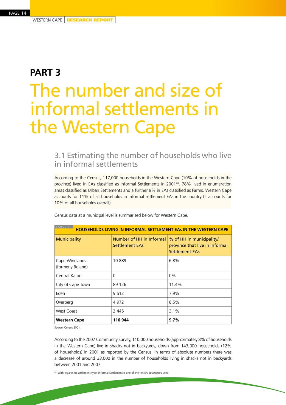 Informal Settlements in 2001 20. 78% lived in enumeration areas classified as Urban Settlements and a further 9% in EAs classified as Farms.