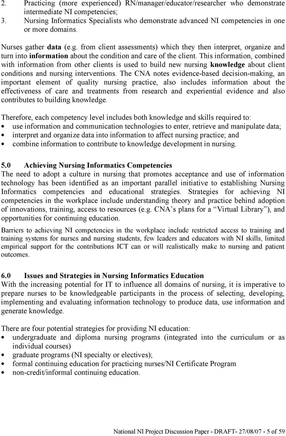 national nursing informatics project - discussion paper  draft