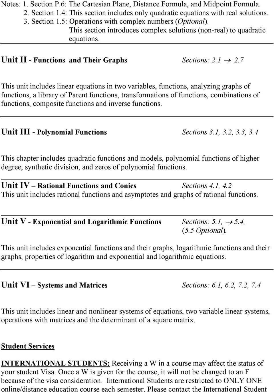 7 This unit includes linear equations in two variables, functions, analyzing graphs of functions, a library of Parent functions, transformations of functions, combinations of functions, composite