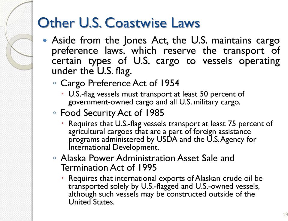 S. Agency for International Development. Alaska Power Administration Asset Sale and Termination Act of 1995 Requires that international exports of Alaskan crude oil be transported solely by U.S.-flagged and U.