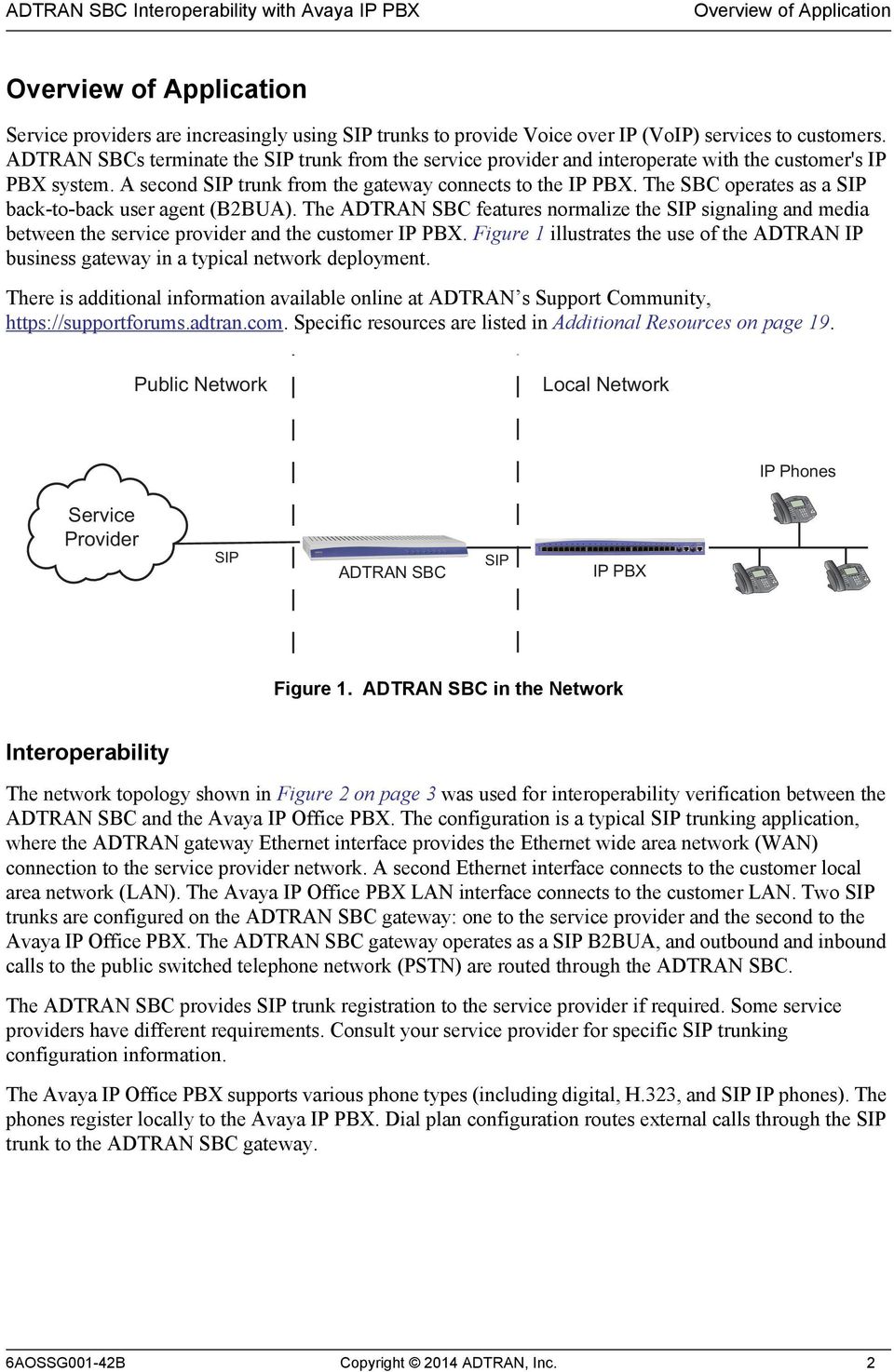 The SBC operates as a SIP back-to-back user agent (B2BUA). The ADTRAN SBC features normalize the SIP signaling and media between the service provider and the customer IP PBX.