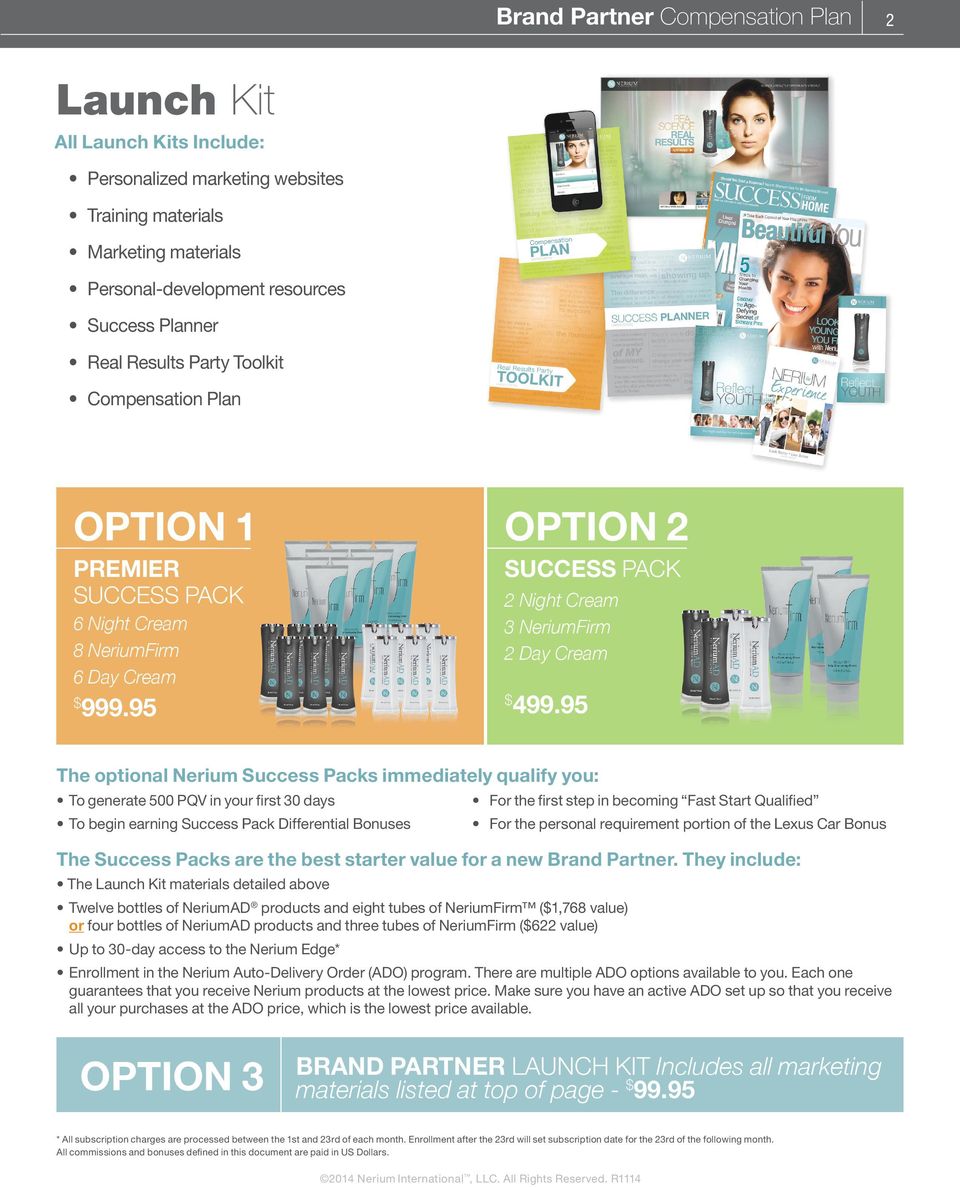 95 The optional Nerium Success Packs immediately qualify you: To generate 500 PQV in your first 30 days To begin earning Success Pack Differential Bonuses F the first step in becoming Fast Start