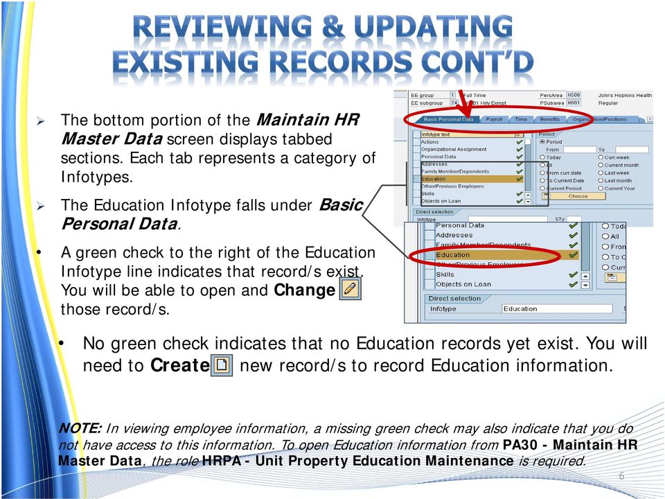 You will be able to open and Change those record/s. No green check indicates that no Education records yet exist.