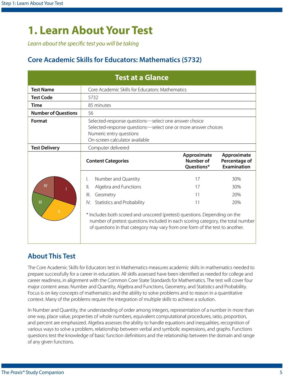 Test at a Glance Core Academic Skills for Educators: Mathematics 85 minutes Selected-response questions select one answer choice Selected-response questions select one or more answer choices Numeric
