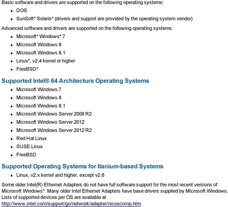 4 kernel or higher FreeBSD* Supported Intel 64 Architecture Operating Systems Microsoft Windows 7 Microsoft Windows 8 Microsoft Windows 8.