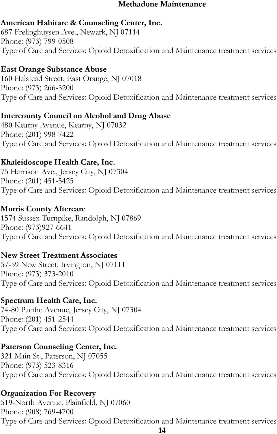 Phone: (973) 266-5200 Type of Care and Services: Opioid Detoxification and Maintenance treatment services Intercounty Council on Alcohol and Drug Abuse 480 Kearny Avenue, Kearny, NJ 07032 Phone: