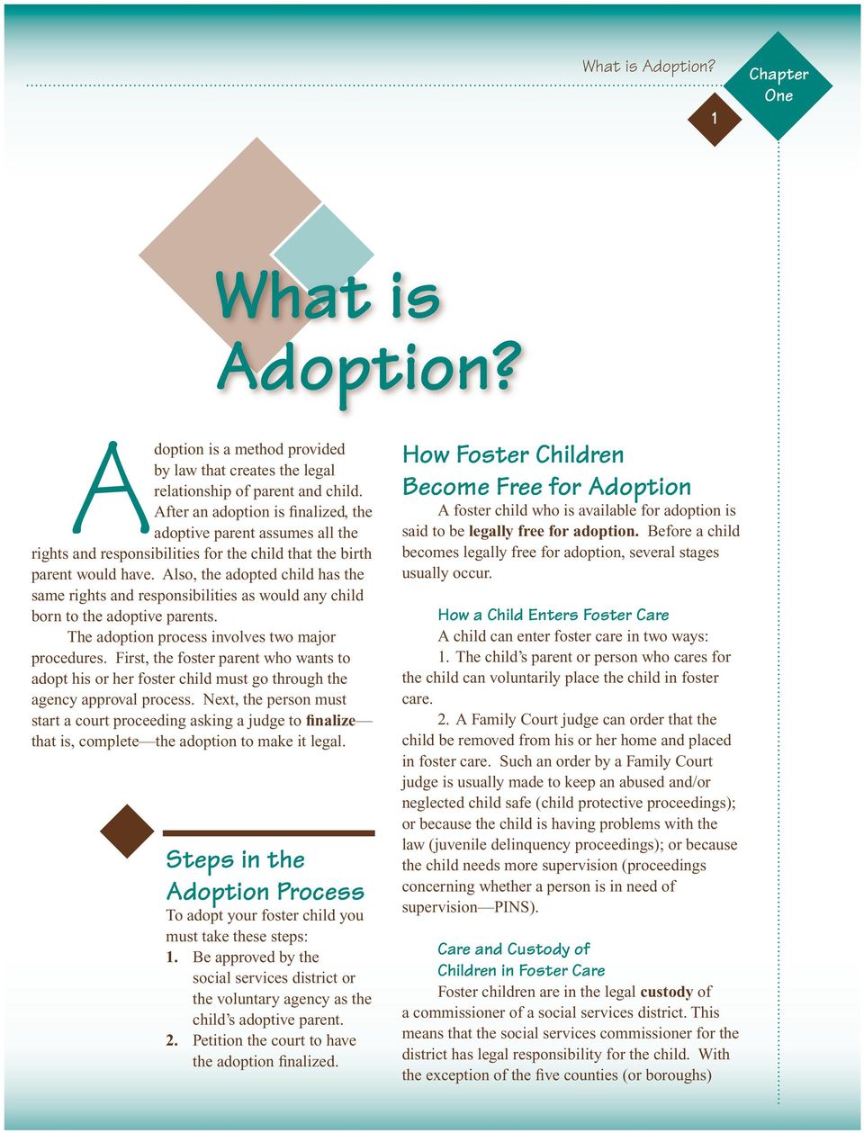Also, the adopted child has the same rights and responsibilities as would any child born to the adoptive parents. The adoption process involves two major procedures.