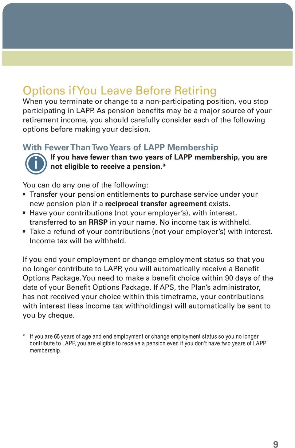 With Fewer Than Two Years of LAPP Membership If you have fewer than two years of LAPP membership, you are not eligible to receive a pension.
