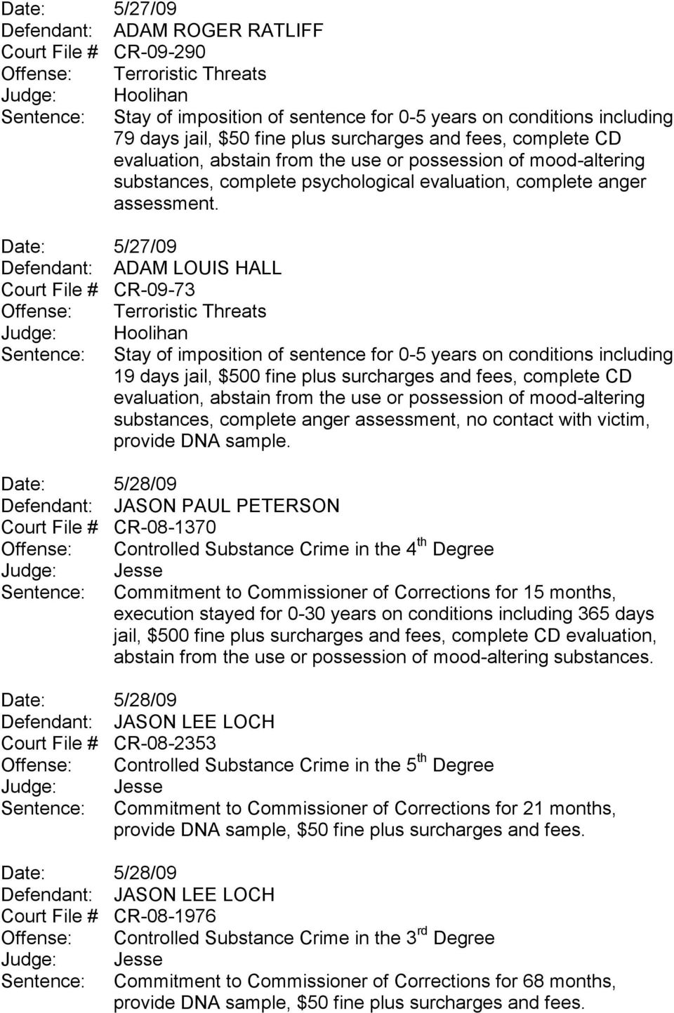 Date: 5/27/09 Defendant: ADAM LOUIS HALL Court File # CR-09-73 Offense: Terroristic Threats 19 days jail, $500 fine plus surcharges and fees, complete CD evaluation, abstain from the use or