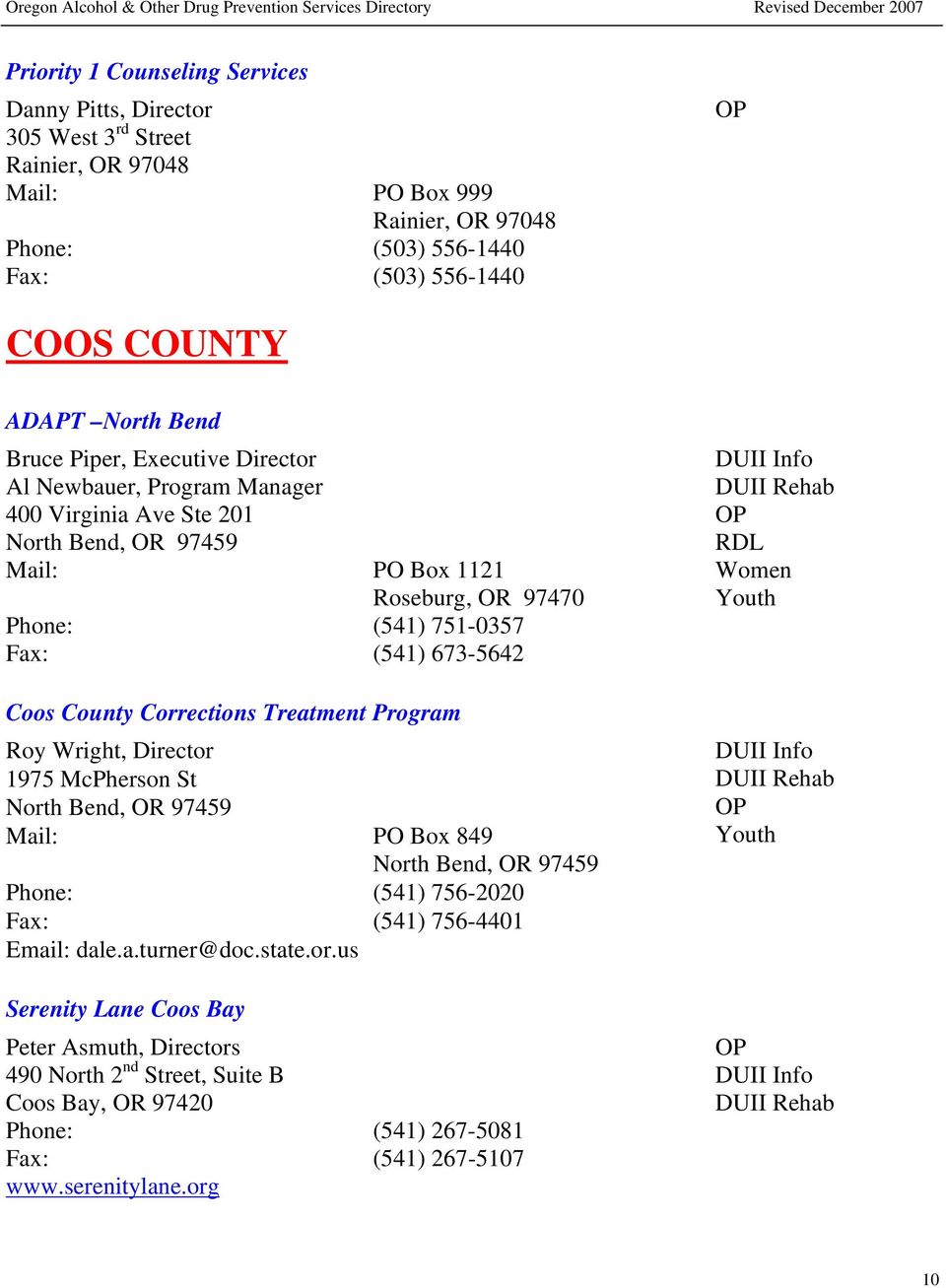 673-5642 Coos County Corrections Treatment Program Roy Wright, Director 1975 McPherson St North Bend, OR 97459 Mail: PO Box 849 North Bend, OR 97459 Phone: (541) 756-2020 Fax: (541) 756-4401