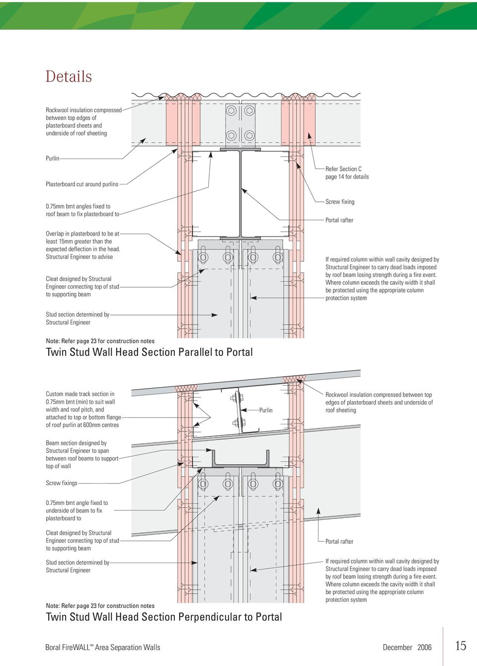 Structural to advise Cleat designed by Structural connecting top of stud to supporting beam Refer Section C page 14 for details Screw fixing Portal rafter If required column within wall cavity