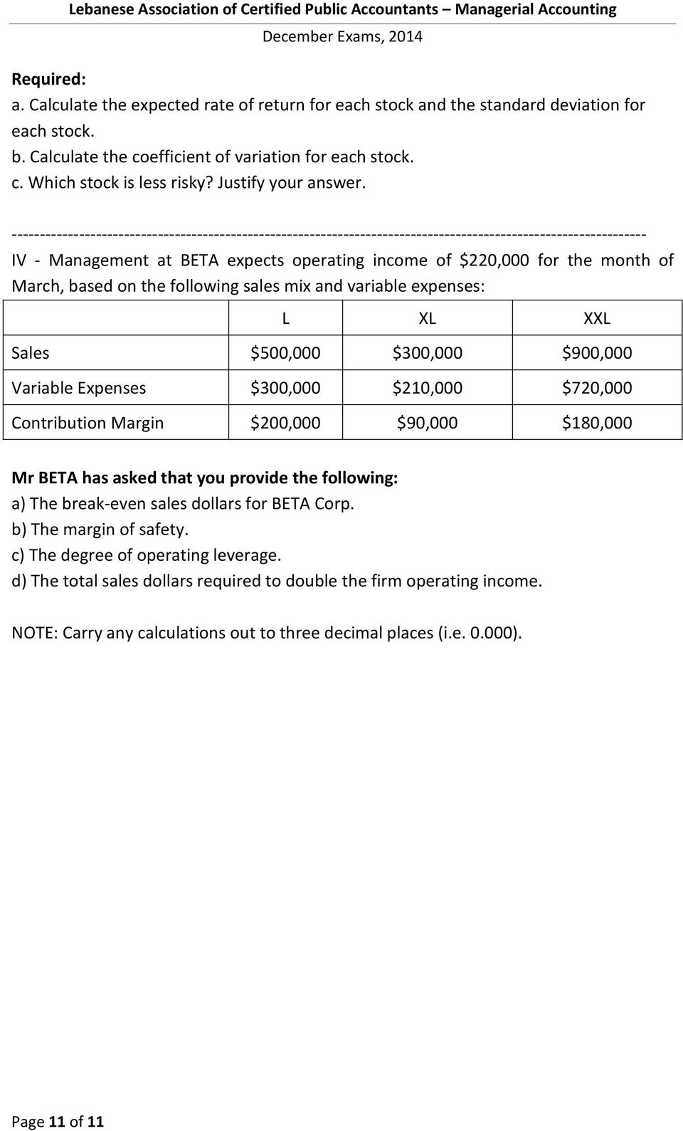 ----------------------------------------------------------------------------------------------------------------- IV - Management at BETA expects operating income of $220,000 for the month of March,