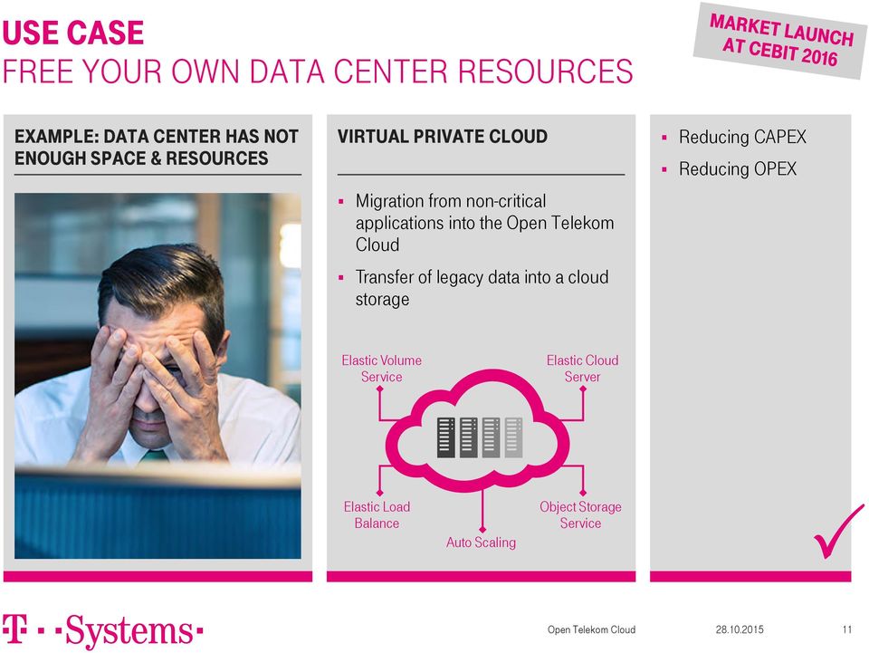 Telekom Cloud Transfer of legacy data into a cloud storage Reducing CAPEX Reducing OPEX