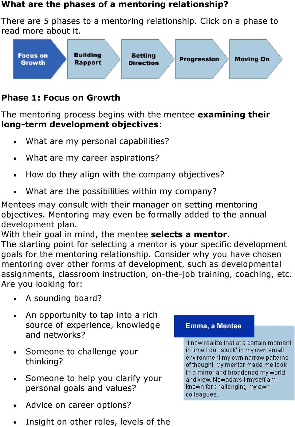 How do they align with the company objectives? What are the possibilities within my company? Mentees may consult with their manager on setting mentoring objectives.