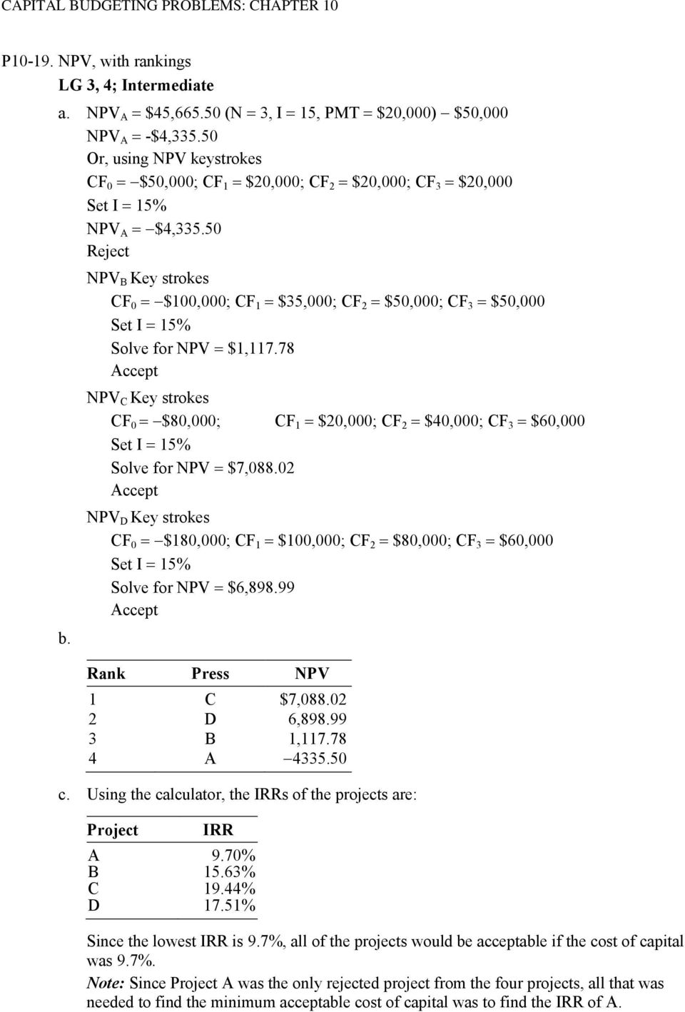 NPV B Key strokes CF 0 $100,000; CF 1 $35,000; CF 2 $50,000; CF 3 $50,000 Set I 15% Solve for NPV $1,117.