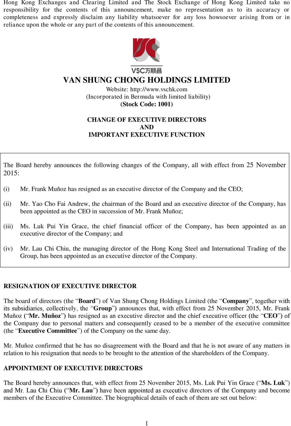 VAN SHUNG CHONG HOLDINGS LIMITED Website: http://www.vschk.