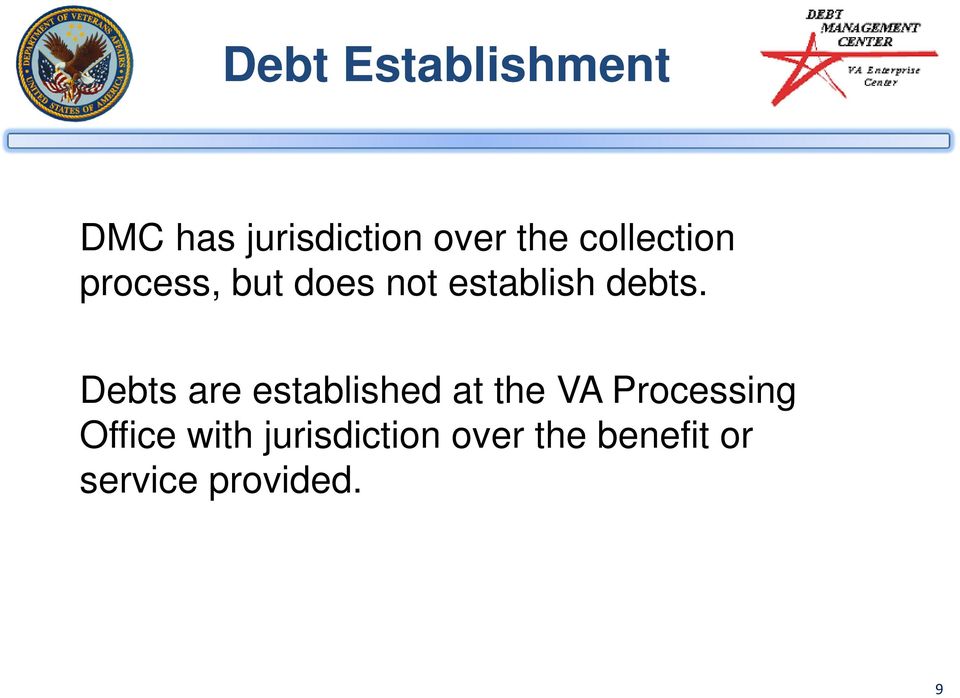 Debts are established at the VA Processing Office