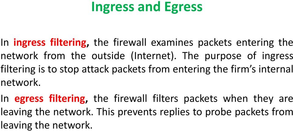 The purpose of ingress filtering is to stop attack packets from entering the firm s internal