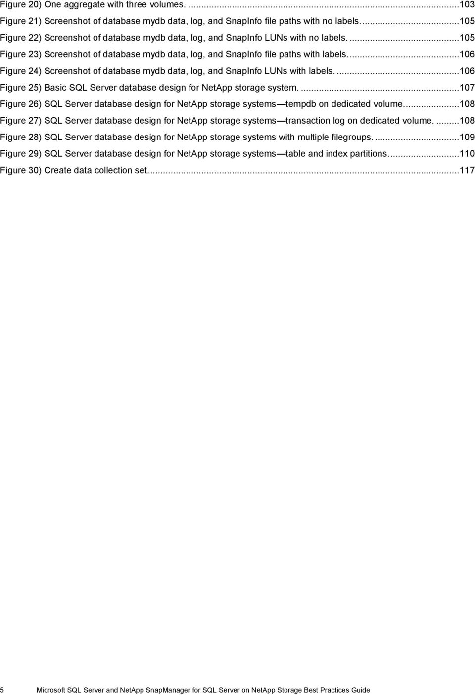 ... 106 Figure 24) Screenshot of database mydb data, log, and SnapInfo LUNs with labels.... 106 Figure 25) Basic SQL Server database design for NetApp storage system.