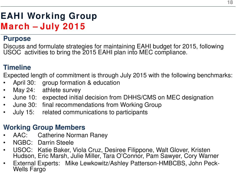 DHHS/CMS on MEC designation June 30: final recommendations from Working Group July 15: related communications to participants Working Group Members AAC: Catherine Norman Raney NGBC: Darrin Steele